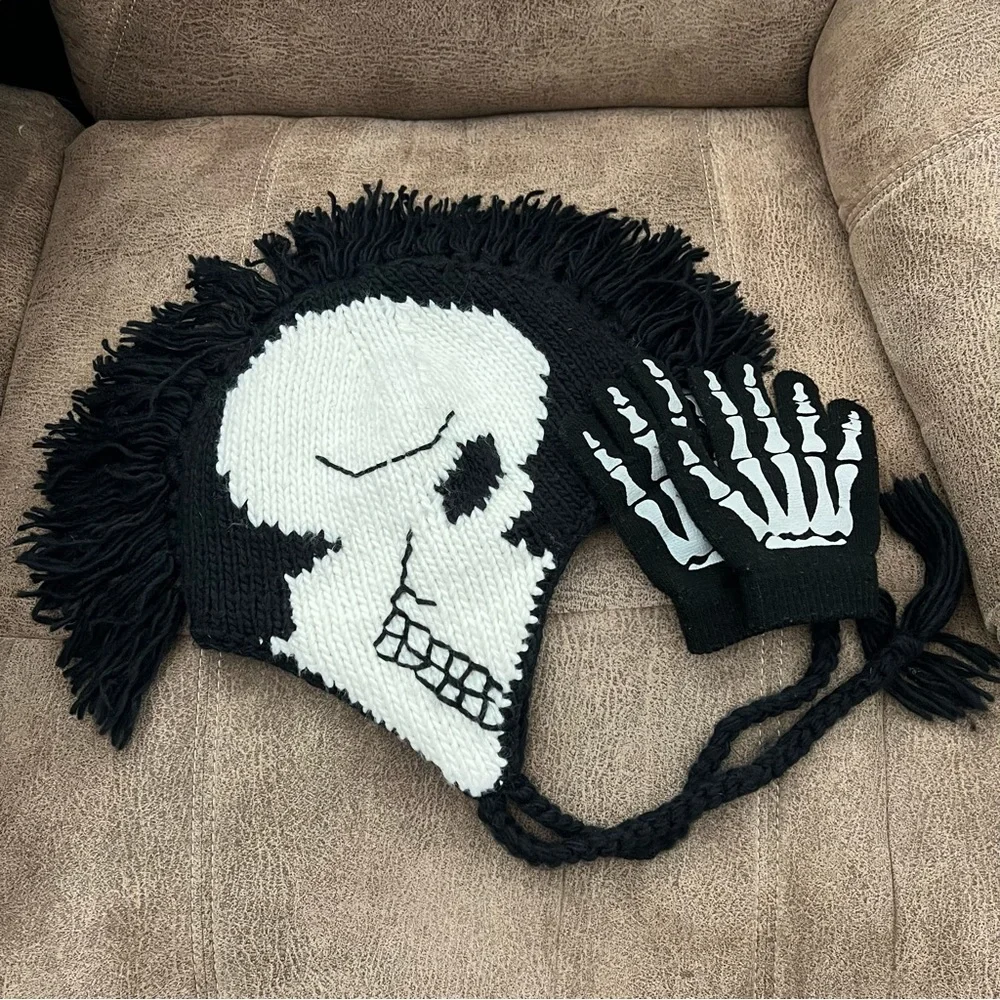 Skull Mohawk Knit Beanie with Skelton Gloves